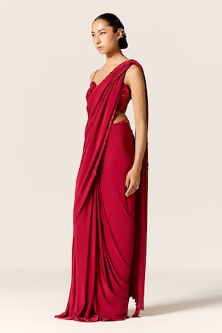 Manika Nanda Deep Red Sitara Draped Saree With Blouse 