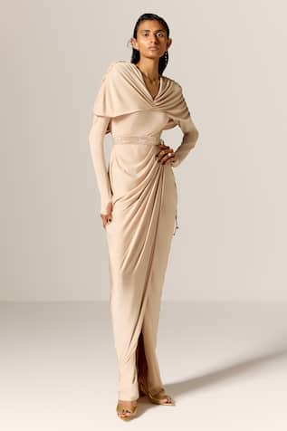 Manika Nanda Beige Draped Cape Gown With Belt 