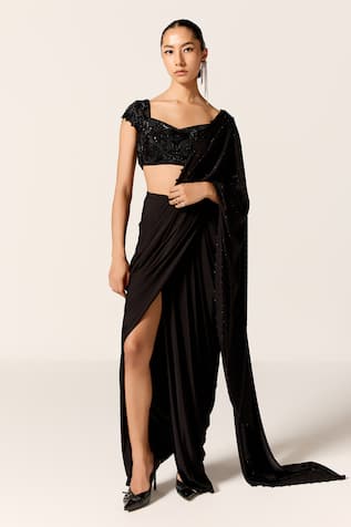 Manika Nanda Black High Slit Pre-Draped Saree With Blouse 