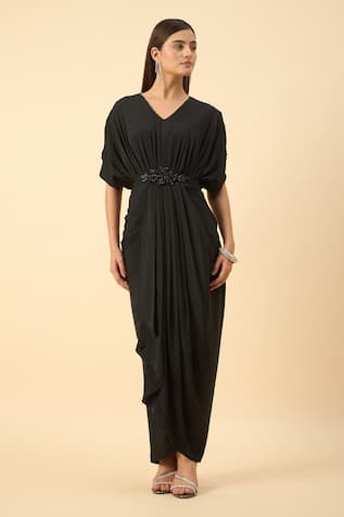 Aakaar Black Pure Silk Crepe Draped Dress 