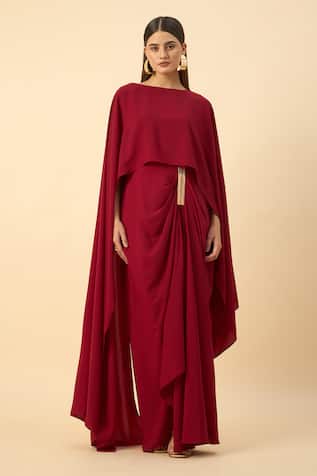 Aakaar Red Moss Crepe Draped Maxi Dress 