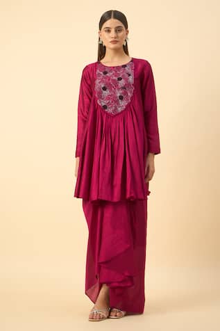 Aakaar Pink Matka Silk Tunic & Draped Skirt Set 