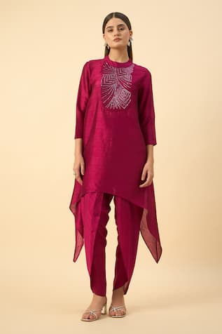 Aakaar Pink Matka Silk Tunic & Draped Pant Set 
