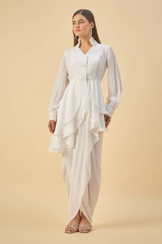 Aakaar White Moss Crepe Tunic & Draped Skirt Set 