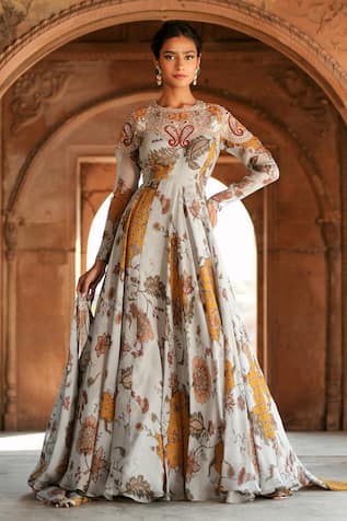 Isha Gupta Tayal Grey Floral Anarkali Set 