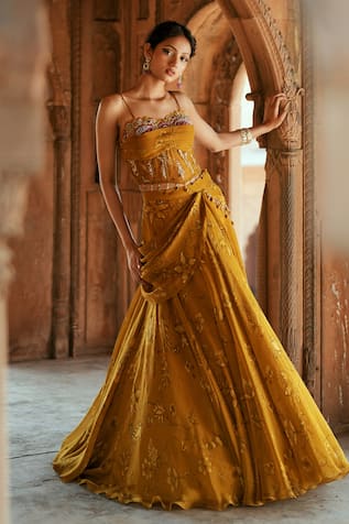 Isha Gupta Tayal Gold Organza Fusion Lehenga Set 
