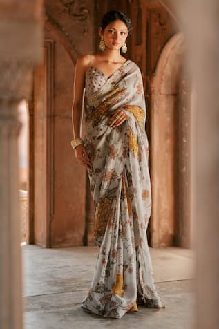 Isha Gupta Tayal Grey Floral Printed Designer Saree Set 