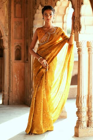 Isha Gupta Tayal Gold Organza Printed Saree Set 