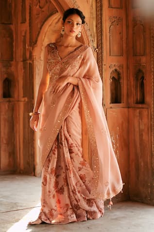 Isha Gupta Tayal Pink Organza Printed Saree Set 