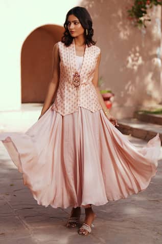 Isha Gupta Tayal Pink Organza Skirt & Chanderi Waistcoat Set 