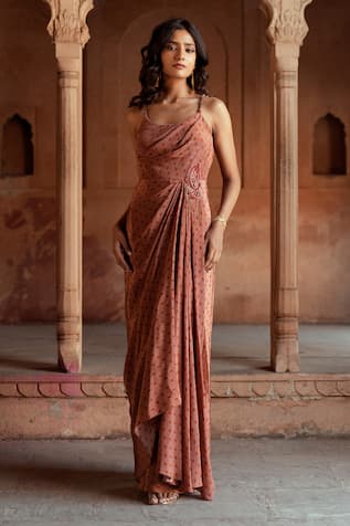 Isha Gupta Tayal Beige Crepe Draped Maxi Dress 