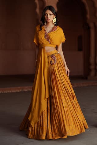 Isha Gupta Tayal Yellow Chanderi Fusion Lehenga Set 