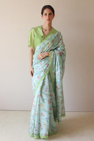 Surmaye Forest Breeze Blue Scalloped Saree 