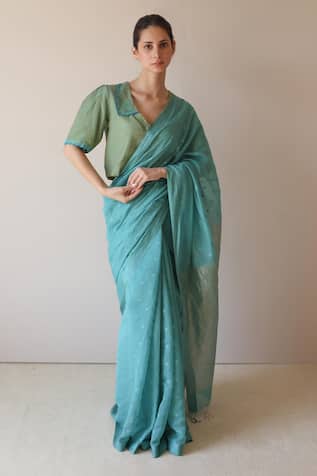 Surmaye Teal Wildflower Meadow Jamdani Saree 