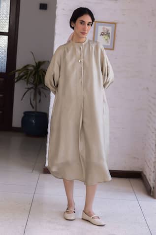 Surmaye Light Beige Handwoven Mulberry Silk Dress 