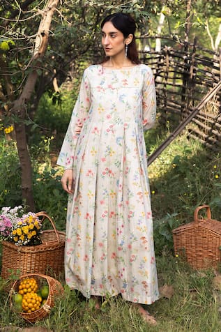Surmaye Cottage Charm Light Beige Maxi Dress 