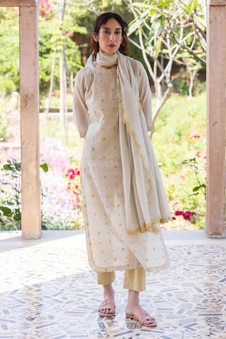 Surmaye Light Beige Handloom Cotton Kurta Set 