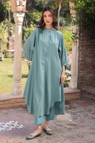 Surmaye Teal Striped Kurta Set 