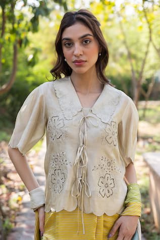 Surmaye Beige Handwoven Organza Blouse 
