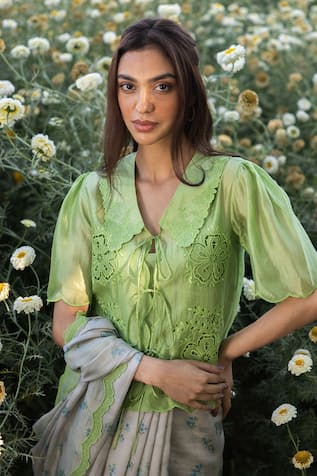 Surmaye Handwoven Organza Spring Green Blouse 