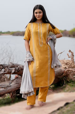 The Home Affair Mustard Straight Kurta Set 