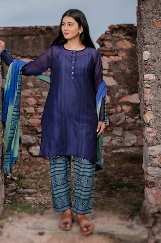 The Home Affair Navy Chanderi Kurta Set With Dupatta 