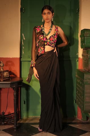 Midushi Bajoria Black Organza Georgette Pre-Draped Saree Set 