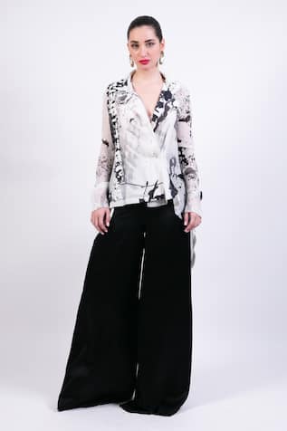 AK-OK Black & White Silk Shirt Pant Set 