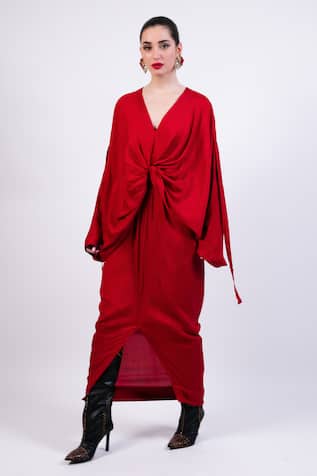 AK-OK Red Silk Draped Kaftan 