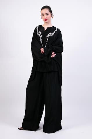 AK-OK Black Silk Embroidered Kurta Pant Set 
