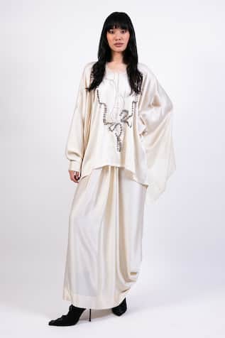 AK-OK Cream Silk Kaftan & Draped Skirt Set 