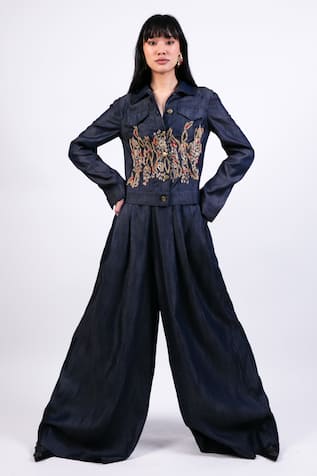 AK-OK Blue Denim Jacket & Flared Pant Set 
