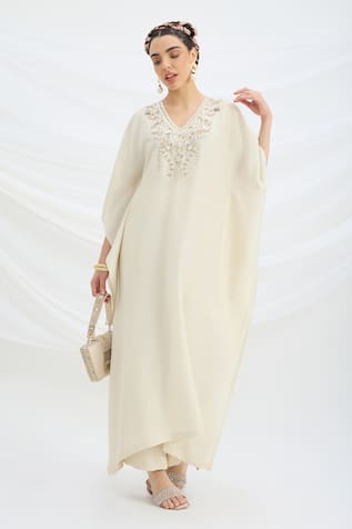 Mirroir Beige Embroidered Kaftan & Pant Set 