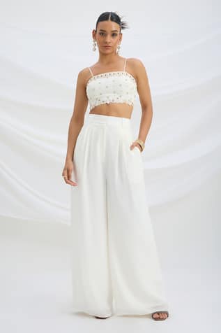 Mirroir Ivory Embellished Crop Top & Pant Set 