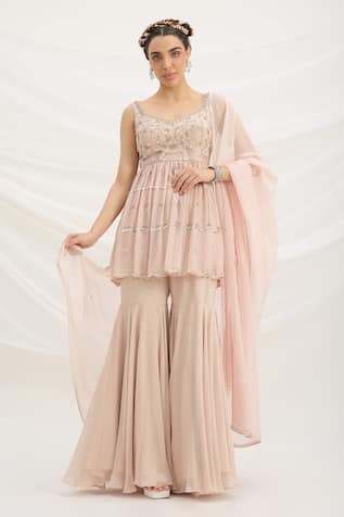 Mirroir Light Pink Embroidered Kurta Sharara Set 
