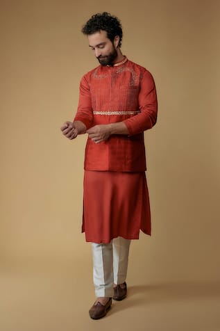 Ritambh By Rishi & Sachin Red Silk Bundi & Kurta Set 