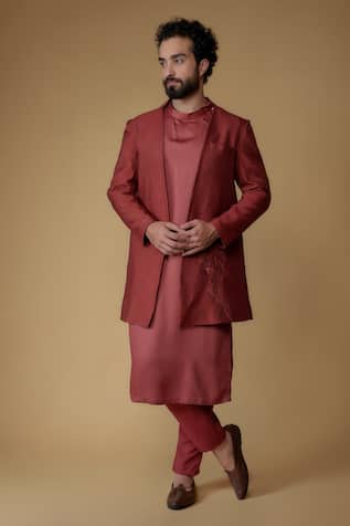 Ritambh By Rishi & Sachin Plain Red Silk Kurta Set 