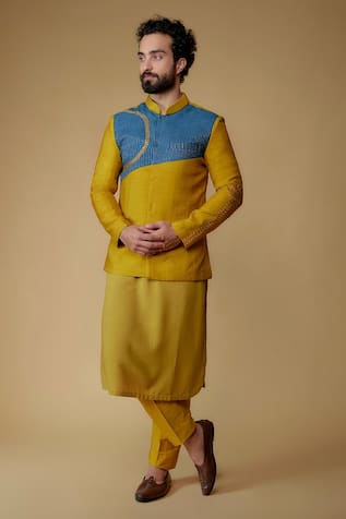 Ritambh By Rishi & Sachin Yellow Silk Kurta Set With Jacket 