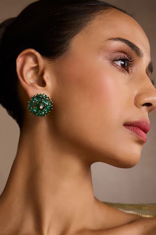 Tarun Tahiliani Emerald Cabochon Stud Earrings 