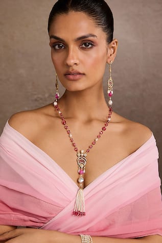 Tarun Tahiliani Carved Stone Silver Pendant Necklace 