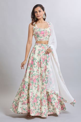 Floral Printed White Lehenga Set 