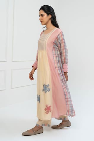 Pants And Pajamas Beige Chanderi Printed Kurta Set 