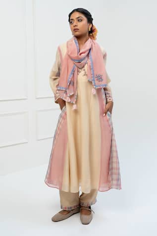 Pants And Pajamas Beige Chanderi Kurta Set with Stole 