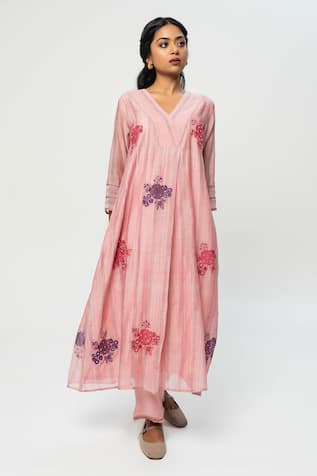 Pants and Pajamas Pink Chanderi Embroidered Kurta Set 