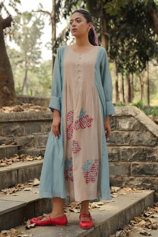 Pants and Pajamas Beige Chanderi Long Kurta With Blue Overlay 
