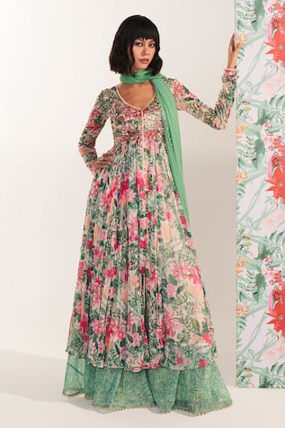 Mustard Moon by Neyha and Vrinda Zahra Green Floral Anarkali Set 