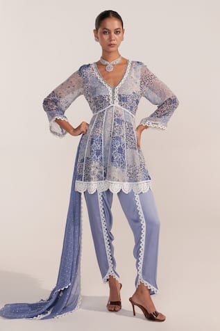 Mustard Moon by Neyha and Vrinda Cornflower Blue Peplum Dhoti Set 