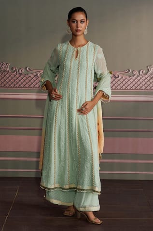 Mustard Moon by Neyha and Vrinda Sage Green Georgette Kurta Set 