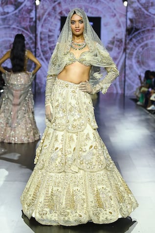 Megha Bansal Ecru Golden Tuscan Bloom Petal Lehenga Set 