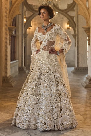 Seema Gujral Three-Dimensional Ivory Lehenga Set 